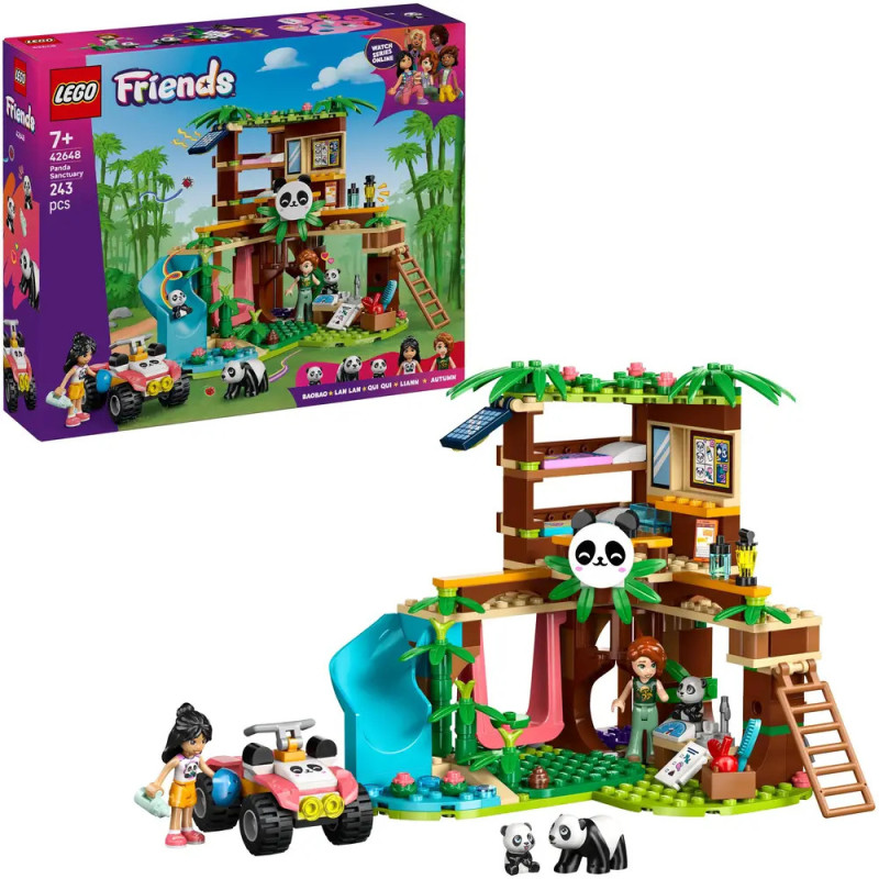 LEGO Friends Dschungel-Spielset mit Baumhaus, Rutsche, Figuren, Fahrzeug und Pandas; Verpackung im Hintergrund. LEGO Friends Dschungel-Spielset mit Baumhaus, Rutsche, Figuren, Fahrzeug und Pandas; Verpackung im Hintergrund.