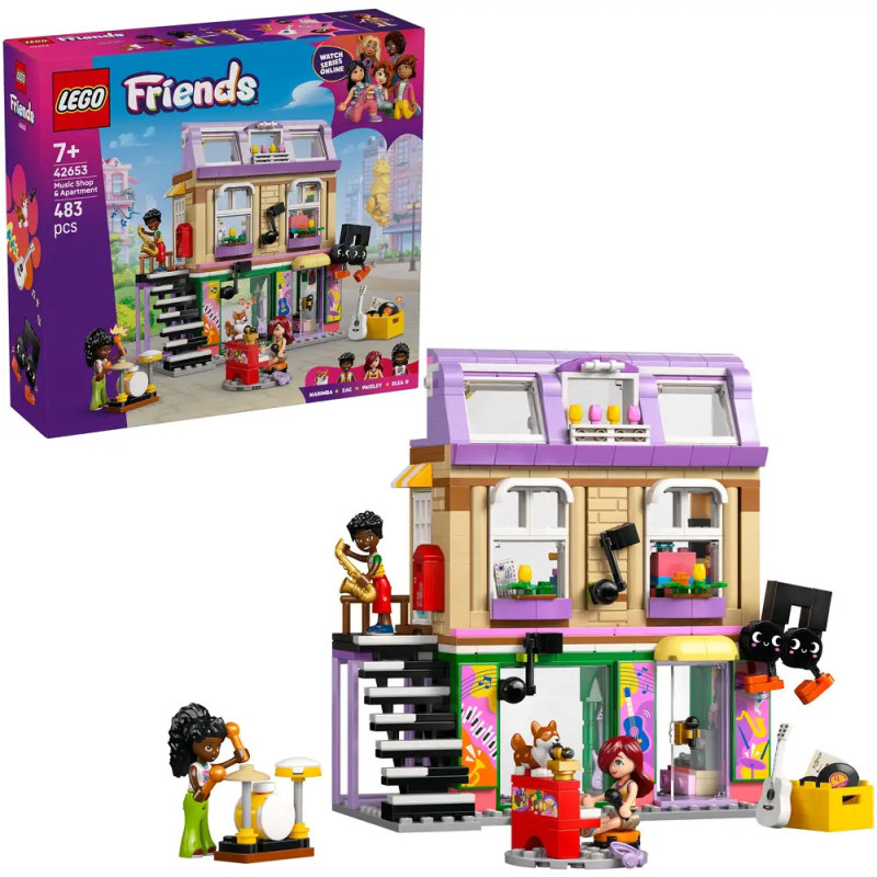 LEGO Friends Set mit buntem zweistöckigem Gebäude, vier Spielfiguren, Tieren und Musikinstrumenten. LEGO Friends Set mit buntem zweistöckigem Gebäude, vier Spielfiguren, Tieren und Musikinstrumenten.