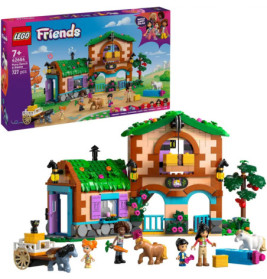 LEGO Friends Set mit buntem Haus, Tieren und fünf Minifiguren Verpackung oben links abgebildet.