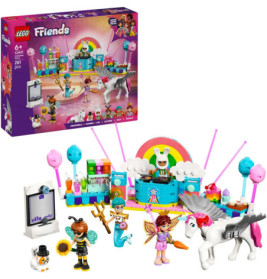 LEGO Friends Set: Jahrmarkt mit Figuren, Einhorn, Luftballons und bunter Verpackung im Hintergrund.