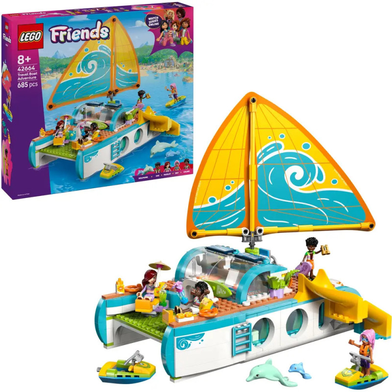 LEGO Friends Katamaran-Set mit Minifiguren, Meerestieren und Verpackung im Hintergrund. LEGO Friends Katamaran-Set mit Minifiguren, Meerestieren und Verpackung im Hintergrund.