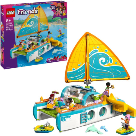 LEGO Friends Katamaran-Set mit Minifiguren, Meerestieren und Verpackung im Hintergrund.