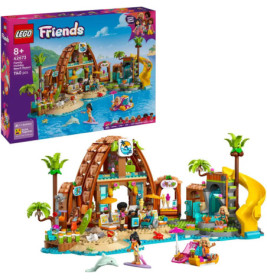 LEGO Friends Beach Rescue Center mit Figuren, Tieren, Palmen und gelber Rutsche. Die Verpackung ist abgebildet.