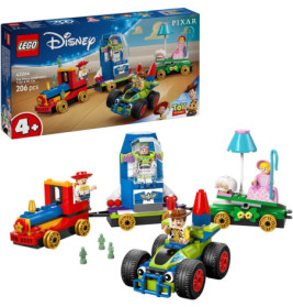 LEGO Toy Story Set mit Woody, Buzz, Bo Peep, Zug, Auto und grünen Alien-Minifiguren.