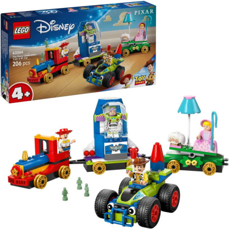 LEGO Toy Story Set mit Woody, Buzz, Bo Peep, Zug, Auto und grünen Alien-Minifiguren.