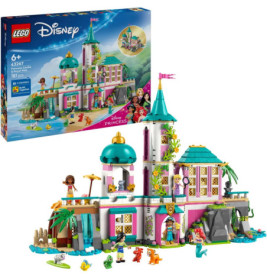 LEGO Disney Prinzessinnen-Schloss mit Minifiguren, Tieren und bunter Burg, Verpackung im Hintergrund sichtbar.