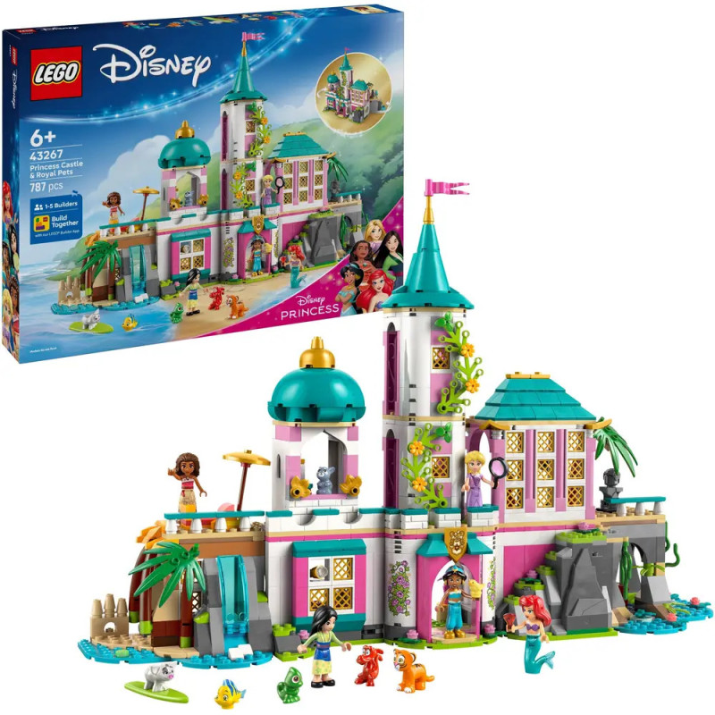 LEGO Disney Prinzessinnen-Schloss mit Minifiguren, Tieren und bunter Burg, Verpackung im Hintergrund sichtbar. LEGO Disney Prinzessinnen-Schloss mit Minifiguren, Tieren und bunter Burg, Verpackung im Hintergrund sichtbar.