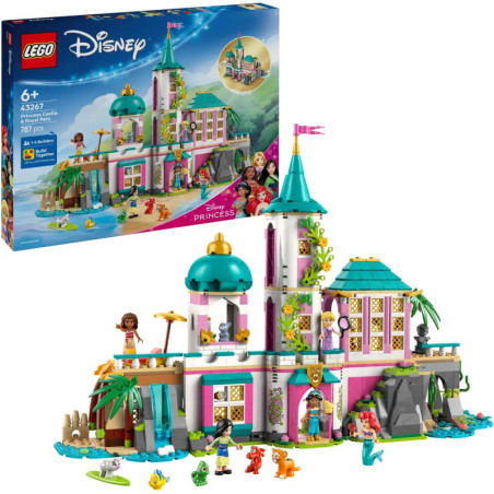 LEGO Disney Prinzessinnen-Schloss mit Minifiguren, Tieren und bunter Burg, Verpackung im Hintergrund sichtbar. LEGO Disney Prinzessinnen-Schloss mit Minifiguren, Tieren und bunter Burg, Verpackung im Hintergrund sichtbar.