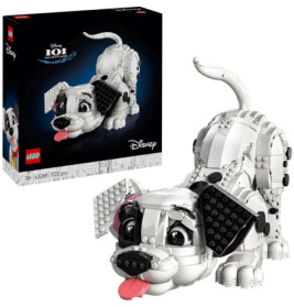 LEGO Disney 101 Dalmatiner Set mit verspieltem Dalmatiner-Welpen (Zunge rausgestreckt) und abgebildeter Verpackung.
