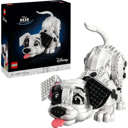 LEGO Disney 101 Dalmatiner Set mit verspieltem Dalmatiner-Welpen (Zunge rausgestreckt) und abgebildeter Verpackung.