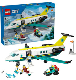 LEGO City Ambulanzflugzeug Set mit Flugzeug, Schneemobil, Minifiguren und Box im Hintergrund.