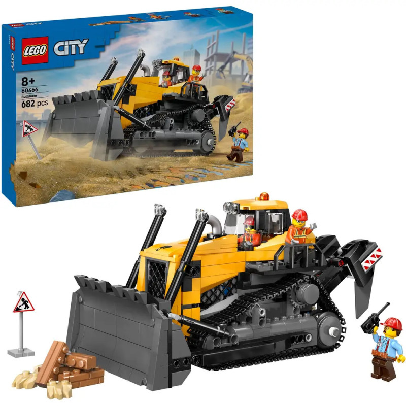 LEGO City Bulldozer-Set mit Bauarbeitern, Werkzeug und 682 Teilen, geeignet für Kinder ab 8 Jahren.