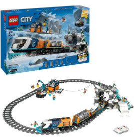 LEGO City Explorer Zug mit Fernbedienung, Schienen, Eishöhle, Minifiguren und Verpackung.