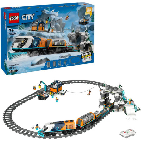 LEGO City Explorer Zug mit Fernbedienung, Schienen, Eishöhle, Minifiguren und Verpackung.