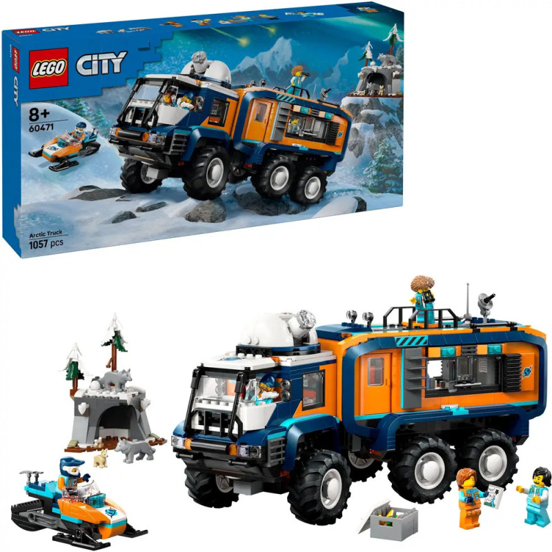 LEGO City Arctic Truck Set mit Truck, Schneemobil, Höhle, Tieren und Minifiguren auf weißem Hintergrund. LEGO City Arctic Truck Set mit Truck, Schneemobil, Höhle, Tieren und Minifiguren auf weißem Hintergrund.