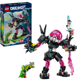 LEGO DREAMZzz Set mit großem rosa-schwarzem Roboter, kleiner grüner Figur und Verpackung im Hintergrund.