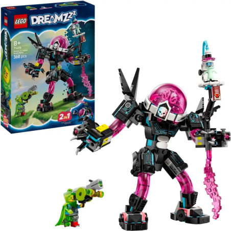 LEGO DREAMZzz Set mit großem rosa-schwarzem Roboter, kleiner grüner Figur und Verpackung im Hintergrund.