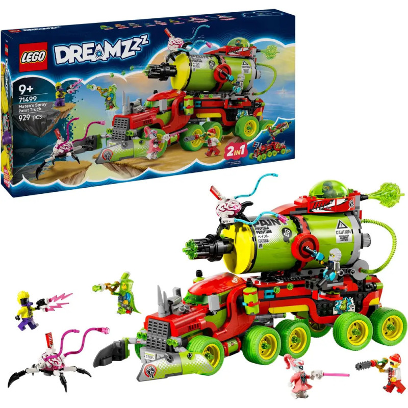 LEGO Dreamzzz Set mit farbigem Panzer, Minifiguren und Box mit aufgebautem Modell für Kinder ab 9 Jahren.