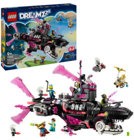 LEGO DREAMZzz Set: Schwarzes und pinkes Haifischschiff mit Minifiguren und Verpackung.