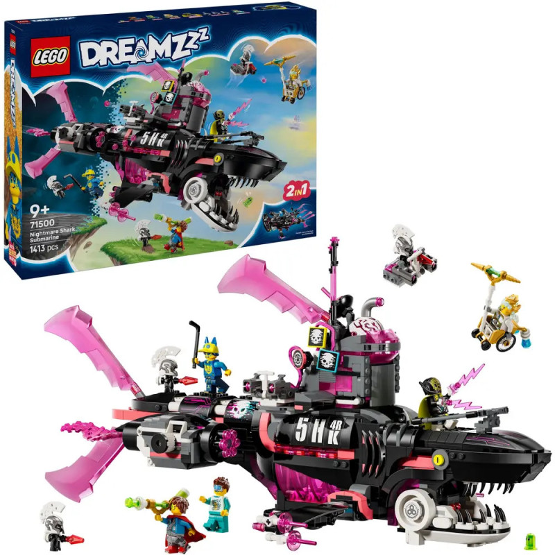 LEGO DREAMZzz Set: Schwarzes und pinkes Haifischschiff mit Minifiguren und Verpackung. LEGO DREAMZzz Set: Schwarzes und pinkes Haifischschiff mit Minifiguren und Verpackung.