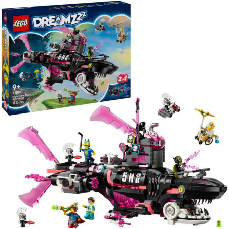 LEGO DREAMZzz Set: Schwarzes und pinkes Haifischschiff mit Minifiguren und Verpackung.