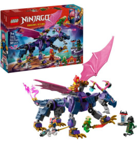 LEGO Ninjago Set mit Figuren, lila Drache und Box, die eine Actionszene zeigt.