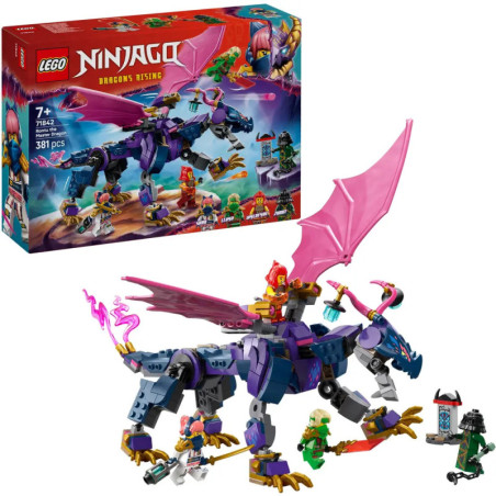 LEGO Ninjago Set mit Figuren, lila Drache und Box, die eine Actionszene zeigt.