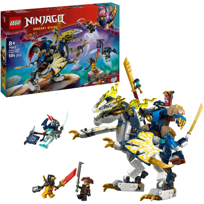 LEGO Ninjago Set mit Drache, drei Minifiguren, Waffen, Aktionsbox und 584 Teilen.