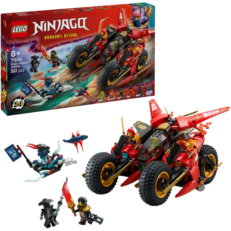 LEGO Ninjago Set mit rotem Ninja-Fahrzeug, drei Minifiguren, Waffen und Spielzeugbox im Hintergrund. LEGO Ninjago Set mit rotem Ninja-Fahrzeug, drei Minifiguren, Waffen und Spielzeugbox im Hintergrund.