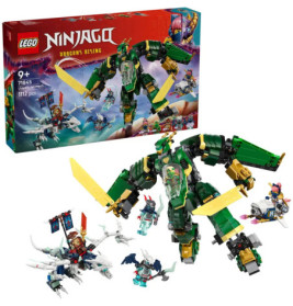 LEGO Ninjago Dragons Rising Set mit grünem Mech, Minifiguren und Box mit Action-Szene.