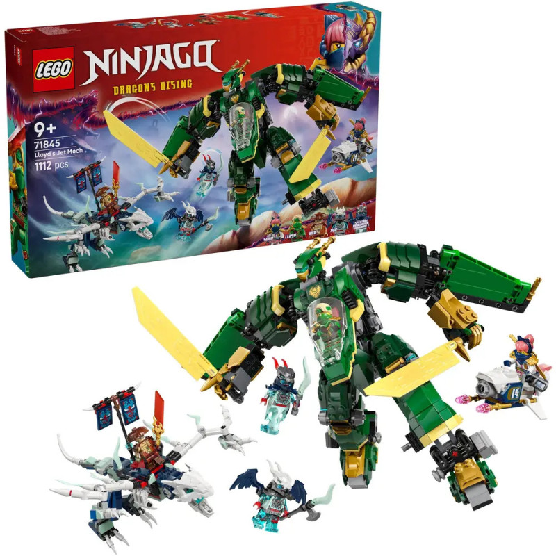 LEGO Ninjago Dragons Rising Set mit grünem Mech, Minifiguren und Box mit Action-Szene. LEGO Ninjago Dragons Rising Set mit grünem Mech, Minifiguren und Box mit Action-Szene.