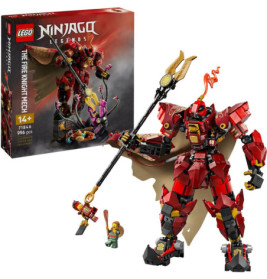 LEGO Ninjago Fire Knight Mech Set mit Box, großem roten Mech und zwei Minifiguren aufgestellt.