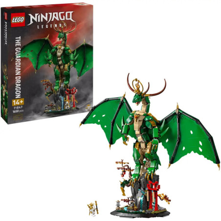 LEGO Ninjago The Guardian Dragon Set mit grünem Drachen, Minifiguren und Verpackung aufgestellt.