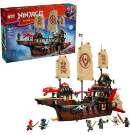 LEGO Ninjago Schiff mit Segeln, Minifiguren und Box mit Bild des aufgebauten Schiffs und der Figuren.