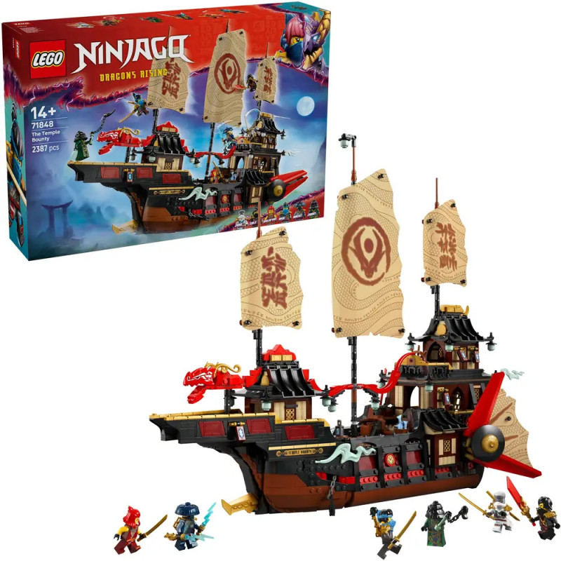 LEGO Ninjago Schiff mit Segeln, Minifiguren und Box mit Bild des aufgebauten Schiffs und der Figuren. LEGO Ninjago Schiff mit Segeln, Minifiguren und Box mit Bild des aufgebauten Schiffs und der Figuren.