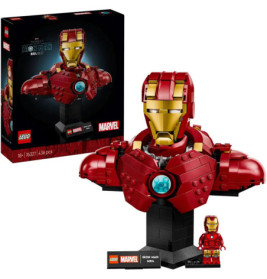 LEGO Iron Man Büste mit Box, rotem und goldenem Helm sowie Arc-Reaktor auf einem Displayständer.