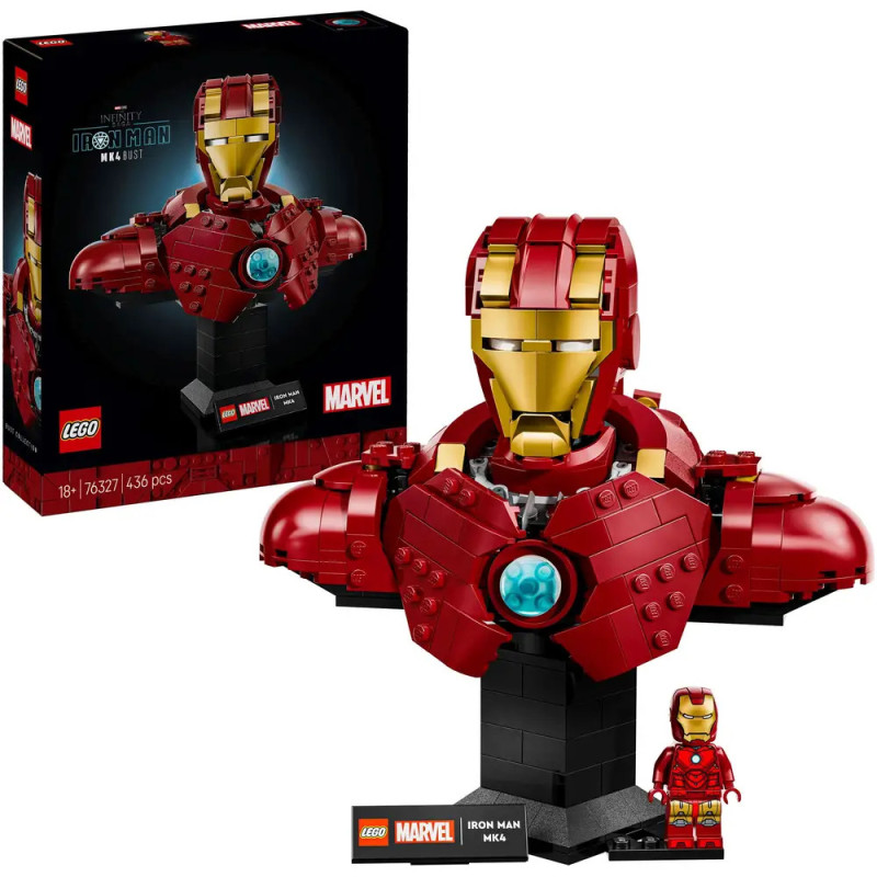 LEGO Iron Man Büste mit Box, rotem und goldenem Helm sowie Arc-Reaktor auf einem Displayständer.