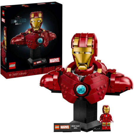 LEGO Iron Man Büste mit Box, rotem und goldenem Helm sowie Arc-Reaktor auf einem Displayständer.