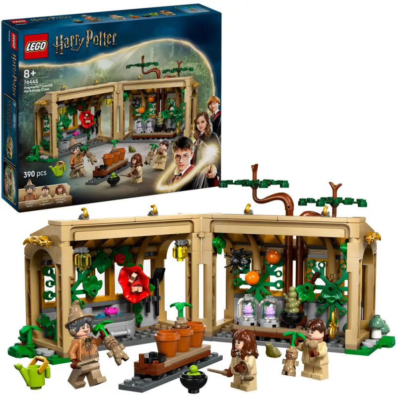 LEGO Harry Potter Herbologie-Set mit Gewächshaus, Minifiguren, Pflanzen und Box im Hintergrund.