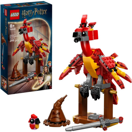 LEGO Harry Potter Fawkes Set mit baubarem Phönix, Sprechendem Hut, Zauberstab und Box im Hintergrund.