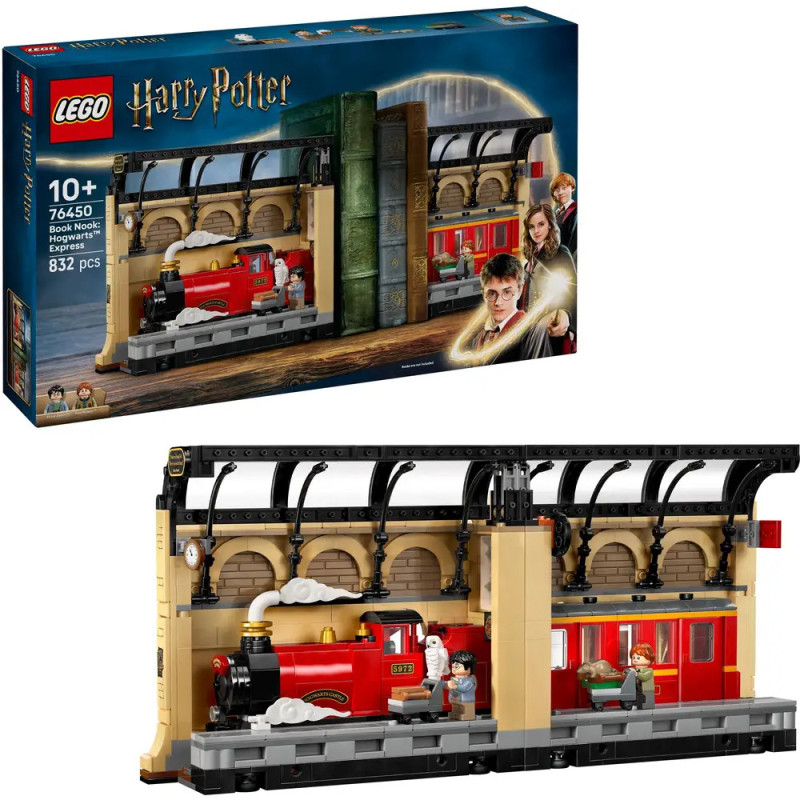LEGO Harry Potter 76450: Hogwarts Express mit Bahnhof, Minifiguren, Verpackung und aufgebautem Modell abgebildet.