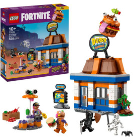 LEGO Fortnite Durr Burger Set mit Gebäude, Box, Minifiguren und burgerbezogenen Zubehörteilen ausgestellt.