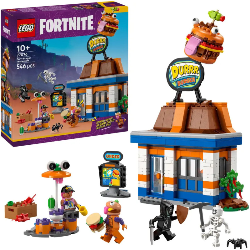 LEGO Fortnite Durr Burger Set mit Gebäude, Box, Minifiguren und burgerbezogenen Zubehörteilen ausgestellt. LEGO Fortnite Durr Burger Set mit Gebäude, Box, Minifiguren und burgerbezogenen Zubehörteilen ausgestellt.