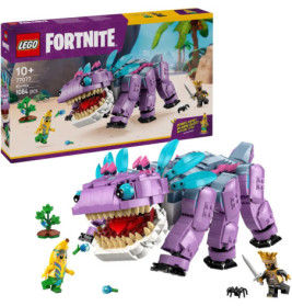 LEGO Fortnite Set mit großem lila Dinosaurier, zwei Minifiguren und Zubehör vor der Verpackung.