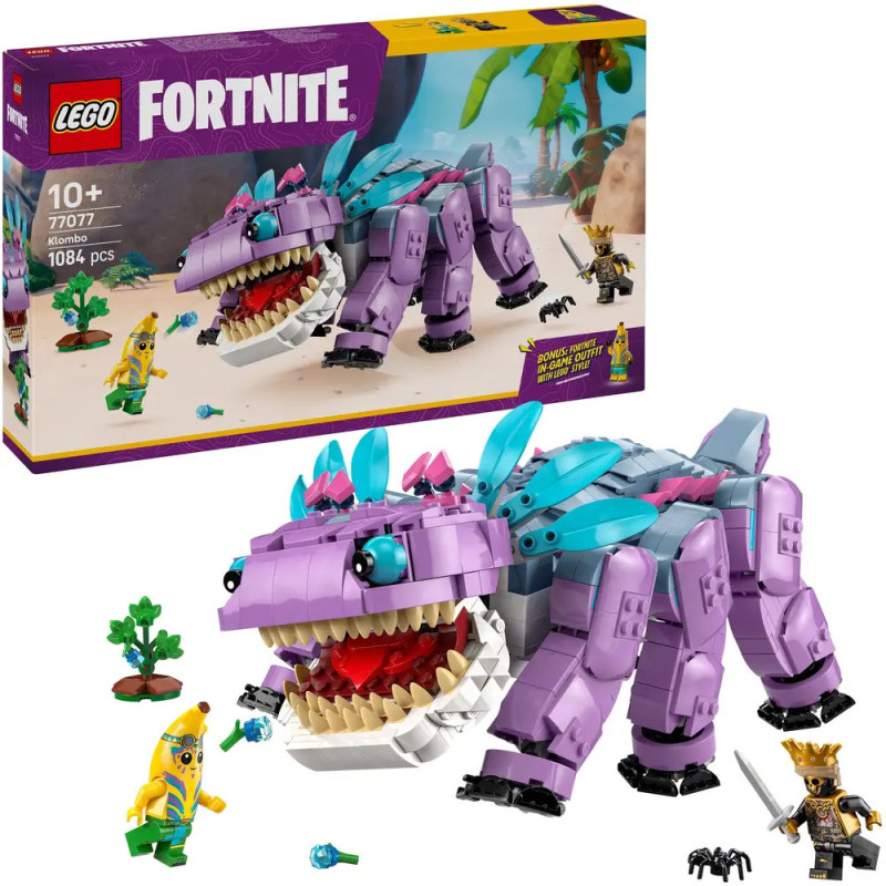 LEGO Fortnite Set mit großem lila Dinosaurier, zwei Minifiguren und Zubehör vor der Verpackung.