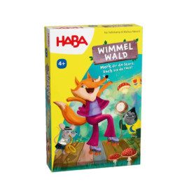 Bunte HABA Wimmel Wald Spielbox mit tanzendem Fuchs und Tieren im Wald. Geeignet ab 4 Jahren.