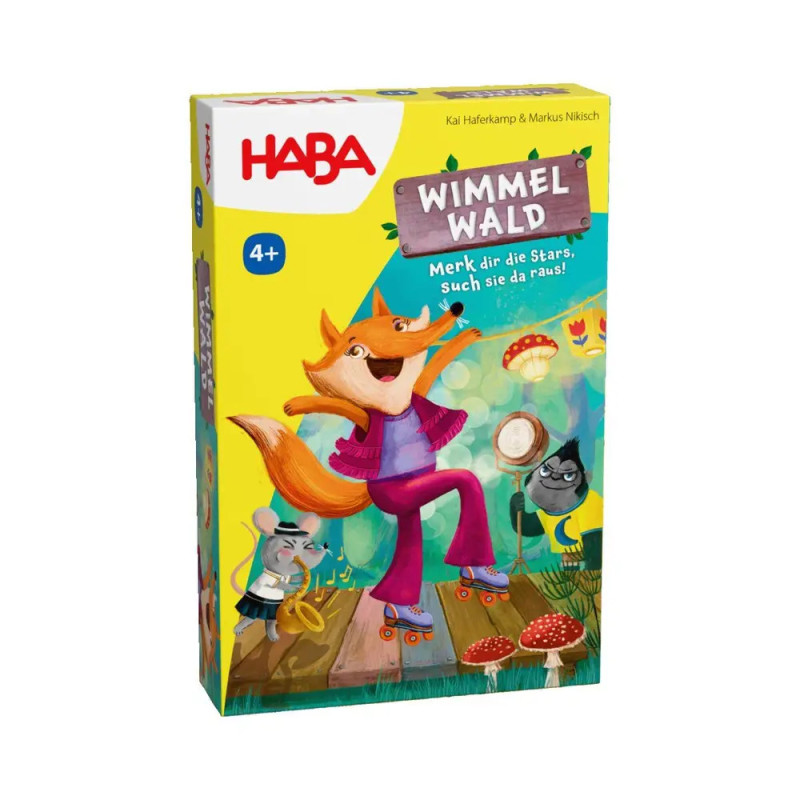 Bunte HABA Wimmel Wald Spielbox mit tanzendem Fuchs und Tieren im Wald. Geeignet ab 4 Jahren.