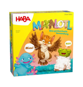 Bunte Mixalotl-Spieleschachtel mit geflügelter Katze, Axolotl und einem Schaf mit Froschkopf.