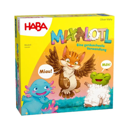 Bunte Mixalotl-Spieleschachtel mit geflügelter Katze, Axolotl und einem Schaf mit Froschkopf.