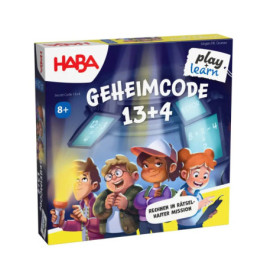 Spielbox von Geheimcode 13+4 (HABA) mit vier gezeichneten Kindern und mathematischen Motiven.